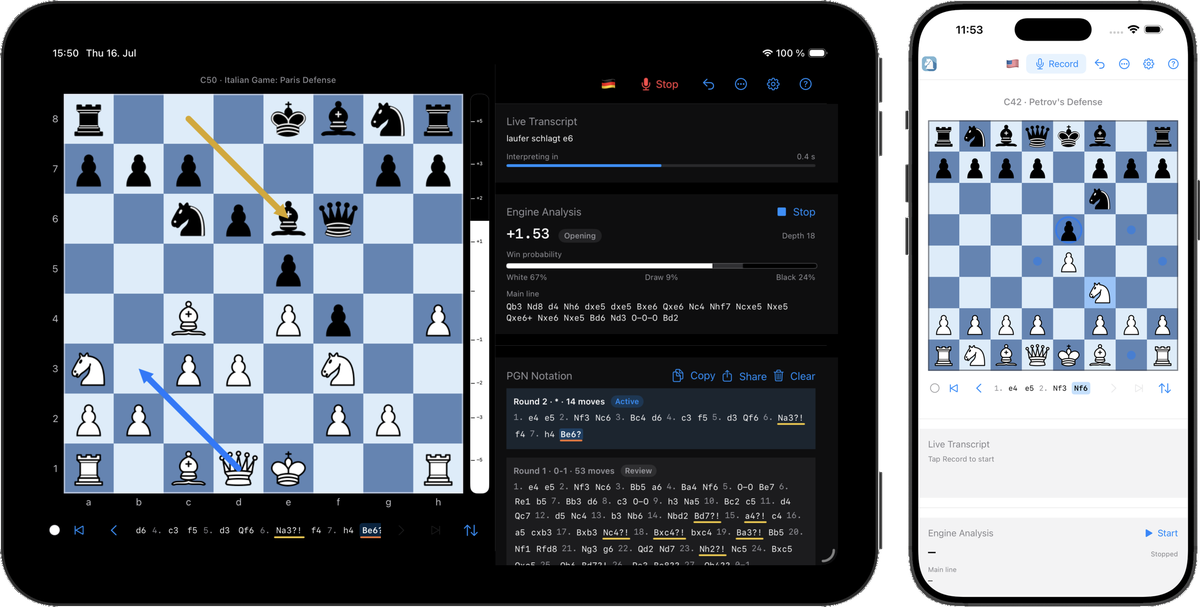 Chess Recorder on iPad and iPhone — board, live transcript, and engine analysis